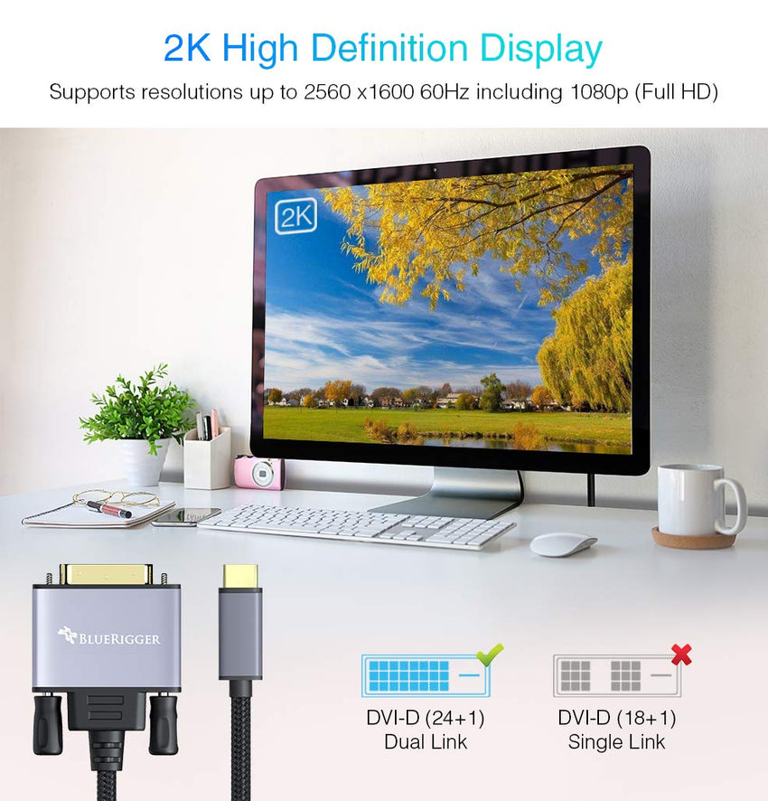 BlueRigger 6FT USB C to DVI Cable - 4K 30Hz, USB 3.1 Type C to DVI-D, Thunderbolt 3 Compatible