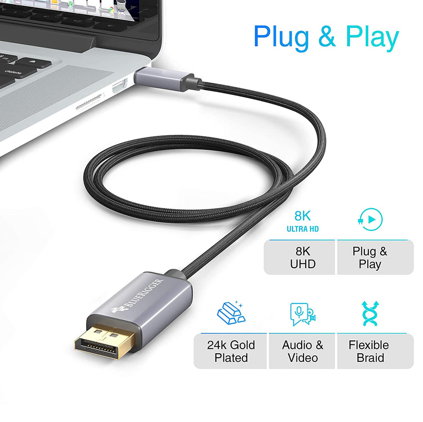 BlueRigger 10FT USB C to DisplayPort Cable - 4K 60Hz, Thunderbolt 4 Compatible, Type-C to DP Cable for Home Office