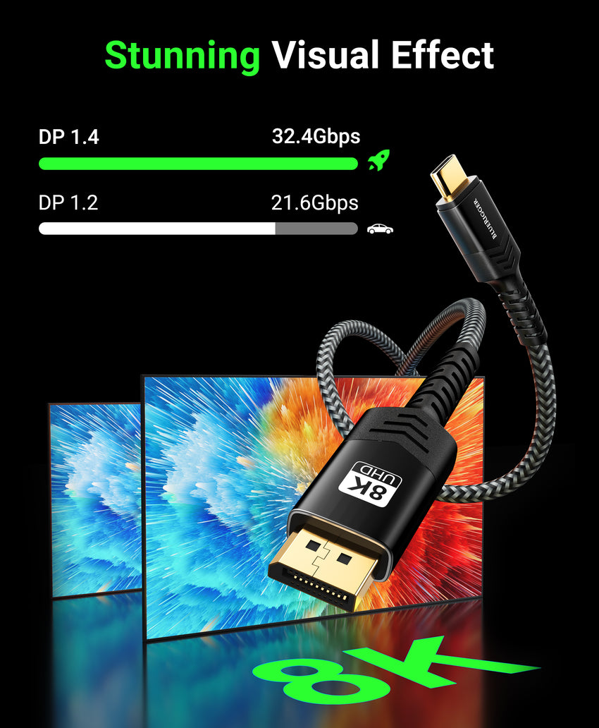 BlueRigger USB C to DisplayPort Cable (8K 60Hz, USB Type-C 3.1 to Display Port, 32.4 Gbps, Thunderbolt 4/3, USB-C to DP 1.4 Cable)