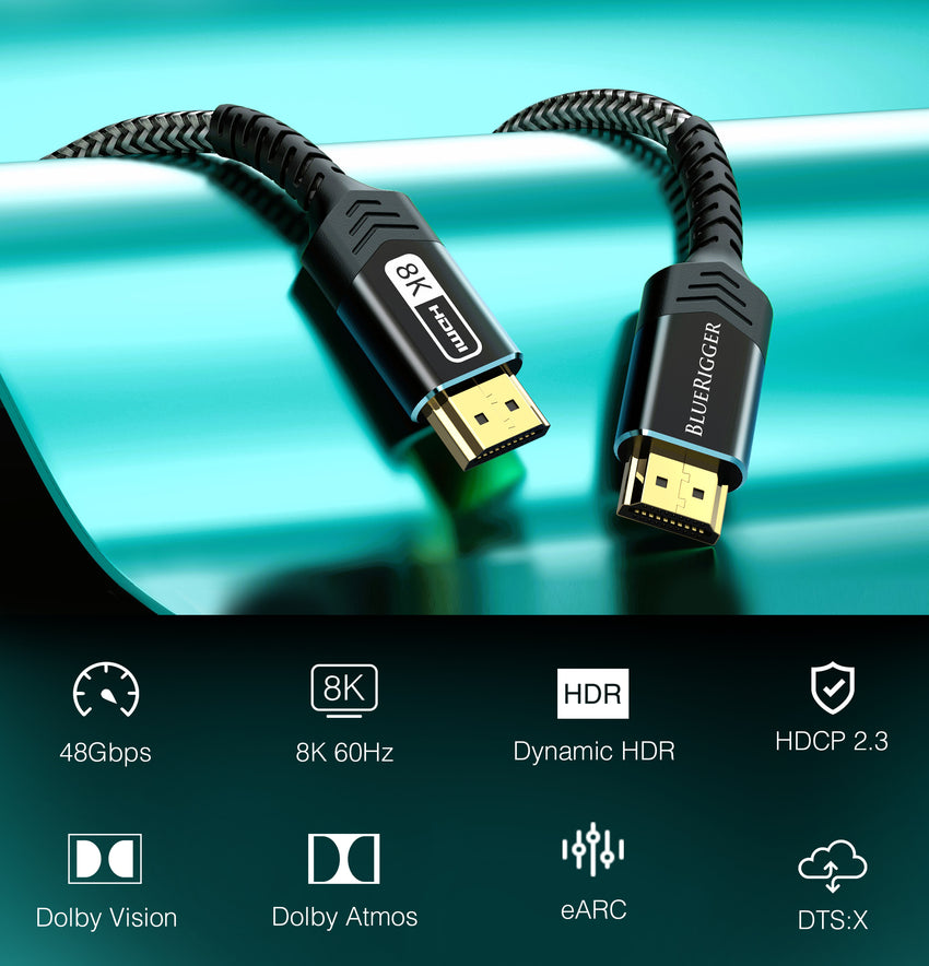 BlueRigger Ultra HD High Speed 8K HDMI Braided Cable (48Gbps, 8K 60Hz, eARC, HDR10, 4:4:4, HDCP 2.3)