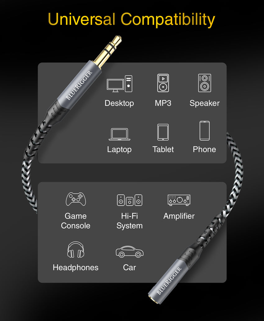 BlueRigger Headphone Extension Cable (6FT, 24K Gold Plated Jack, Hi-Fi –  Bluerigger