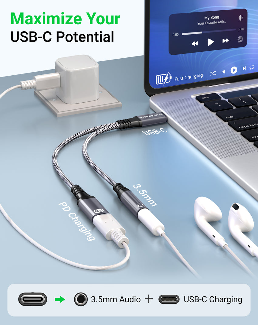 BlueRigger USB C to 3.5mm Headphone and Charger Adapter (2 in 1 USB-C PD Fast Charging Port to AUX Audio Jack Dongle, Type C 2.0, USBC to Mic Jack PD Cable)