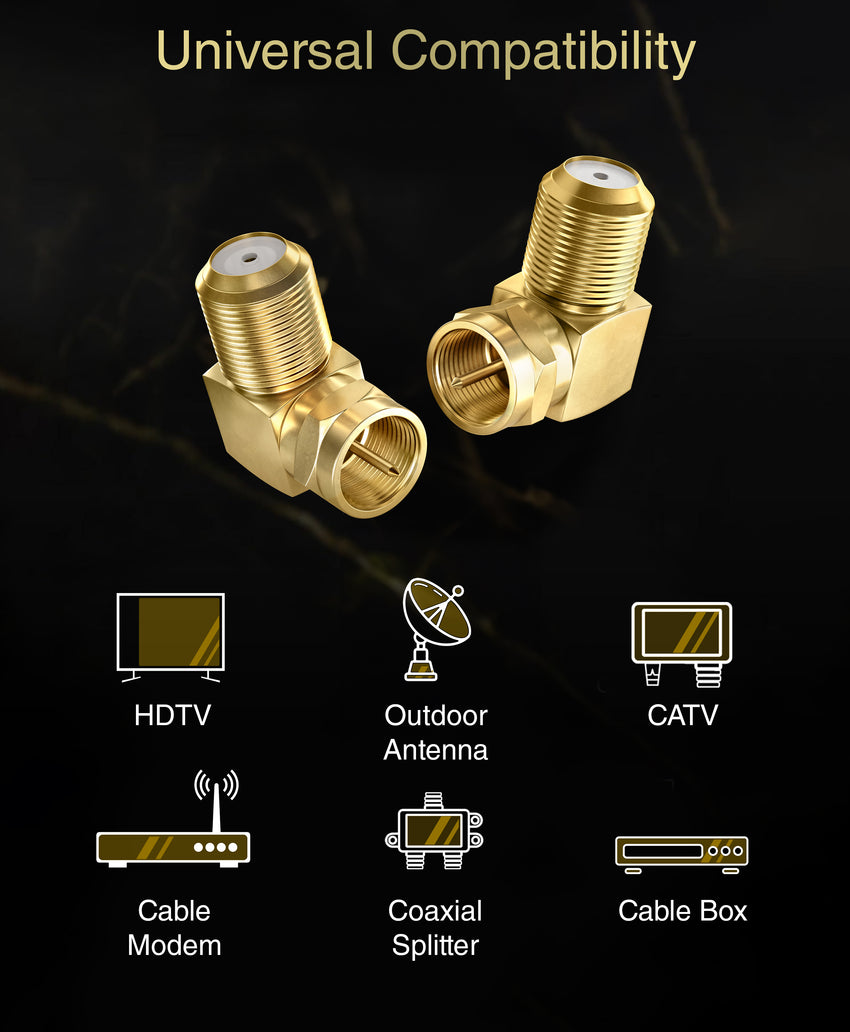 BlueRigger 90 Degree Coaxial Cable Connector (RG6 Coax 90D Adapter, Right Angled F-Type Coax Connectors, Male to Female Adapters)