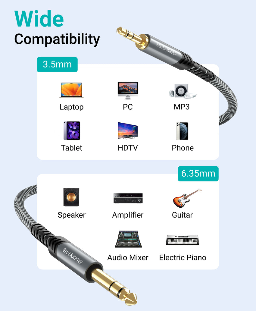 BlueRigger 3.5mm to 6.35mm Audio Cable (Bi-Directional, 3.5mm 1/8" Male TRS to 6.35mm 1/4" Male TRS, Braided Stereo Audio Cable)