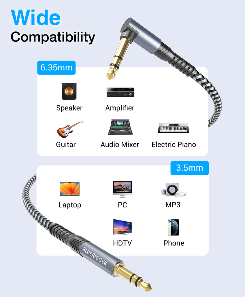 BlueRigger 3.5mm to 6.35mm Audio Cable (90 Degree Bi-Directional, 3.5mm 1/8" Male to 6.35mm 1/4" Male TRS, Right Angled Braided Stereo Audio Cable)