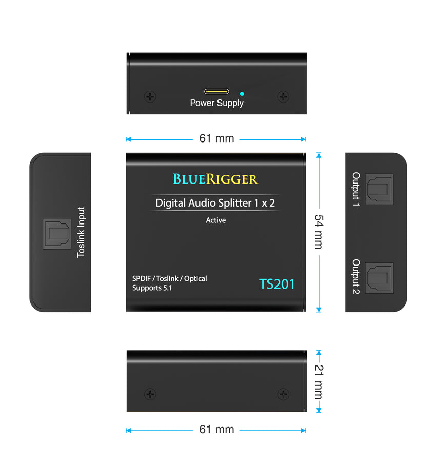 BlueRigger Digital Optical Audio Splitter 1x2 (Active Toslink Splitter 1 in 2 Out, SPDIF, Fiber Optic Audio Adapter)