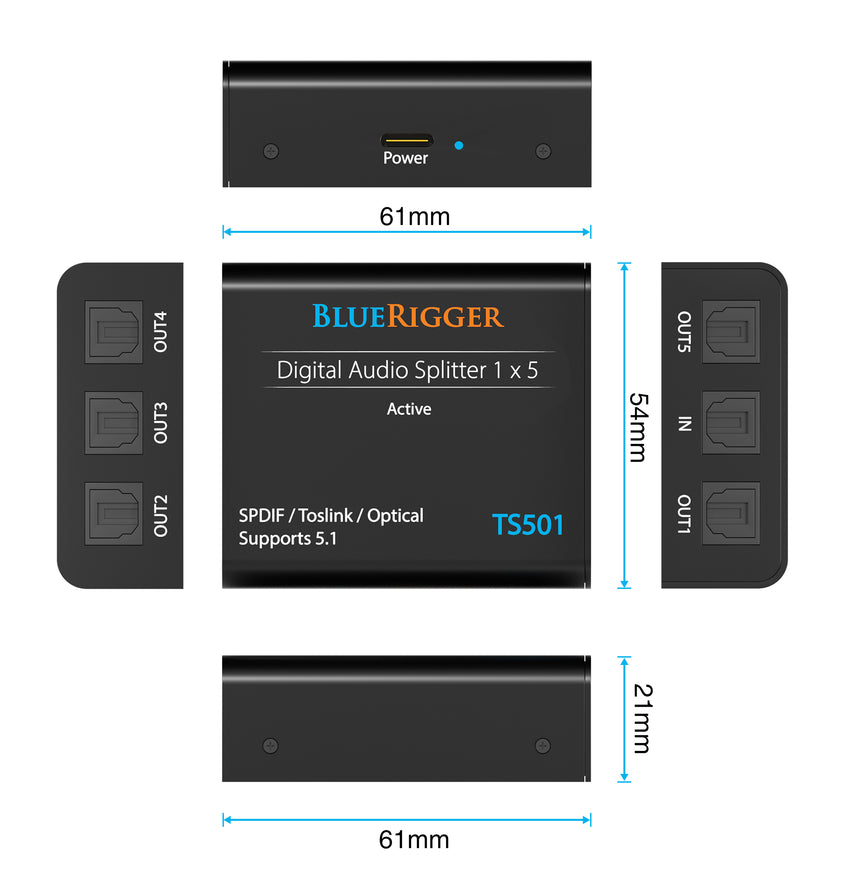 BlueRigger Digital Optical Audio Splitter 1x5 (Active Toslink Splitter 1 in 5 Out, SPDIF, Fiber Optic Audio Adapter)